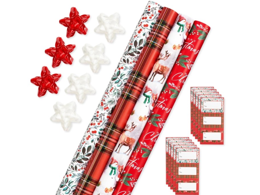 wrapping paper rolls, bows, and gift tags