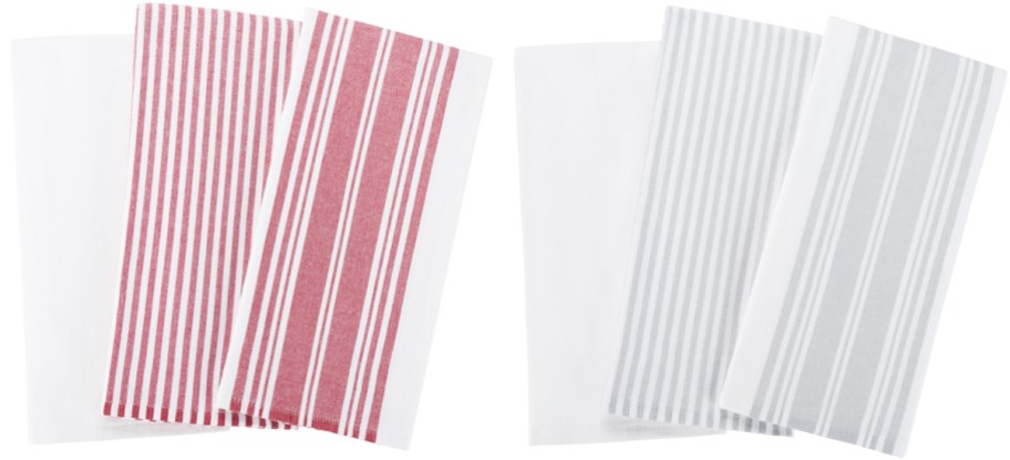 3-pack sets of red and grey striped dish towels