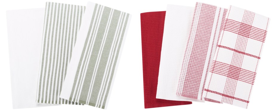 green and red sets of kitchen towels