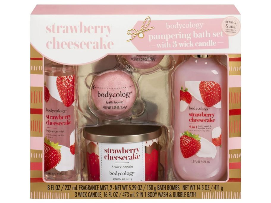 Bodycology Strawberry Cheesecake Pampering Bath Set w 3 Wick Candle