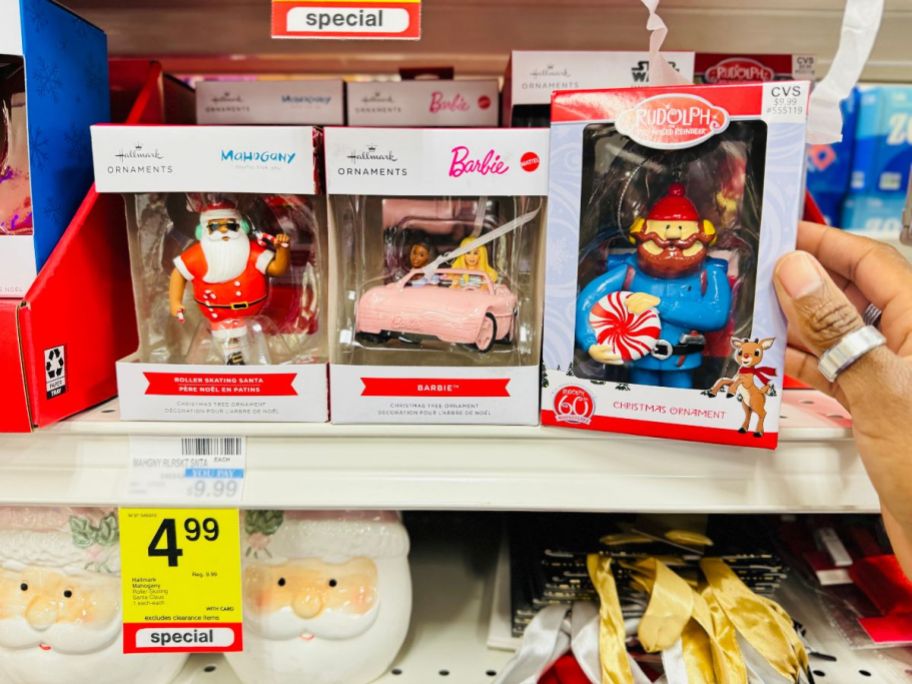 Character Christmas Ornaments on shelf in store