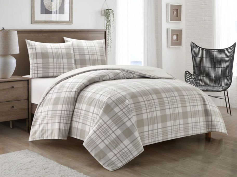 Dearfoams Super Soft 3-Piece Grey Plaid Comforter Set - Full/Queen on bed in bedroom