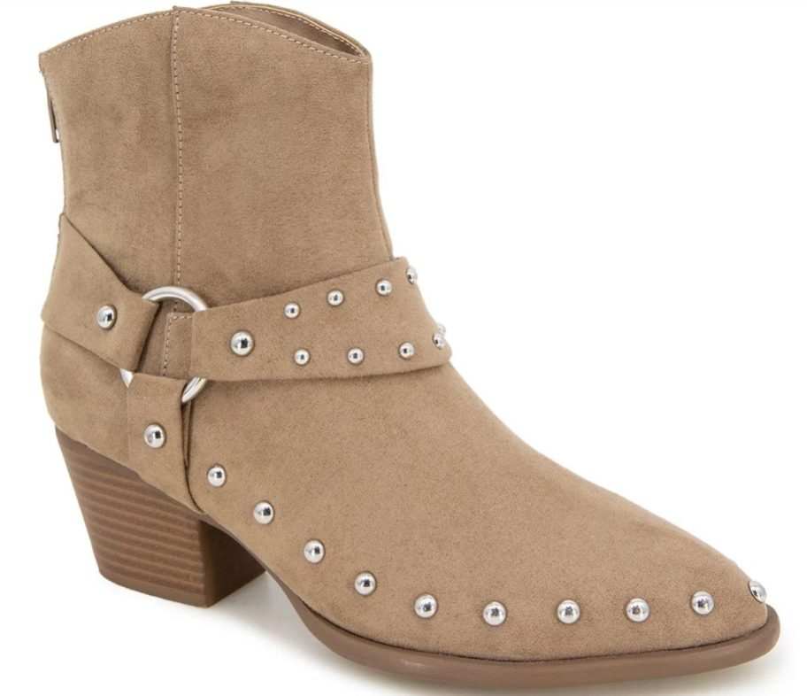 a tan studded faux suede womens bootie