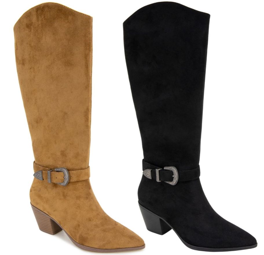 a brown and a black ladies faux suede tall boots