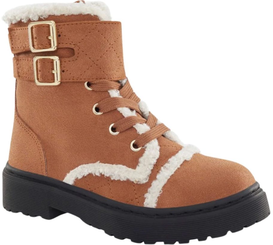 girls brown lace up combat boot with faux shearling trim