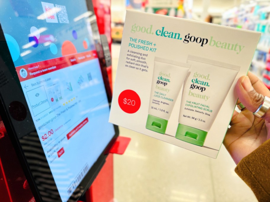 good clean goop beauty set being scanned a target store scanner to show the clearance price