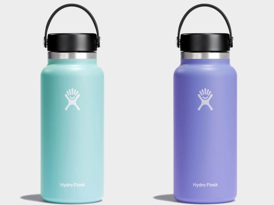 teal and purple hydroflask water bottles