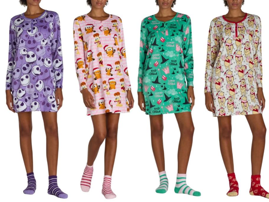 Character Women's Holiday Print Henley Sleepshirt and Plush Socks Set