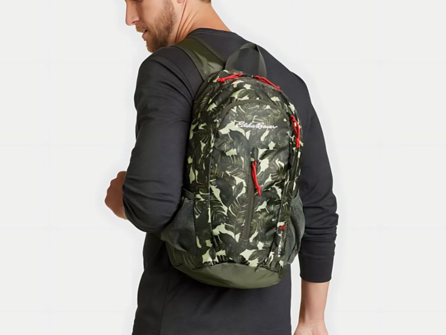 A man holding a Eddie Bauer Stowaway Packable 20L Backpack