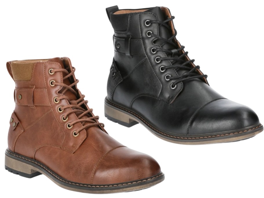 a brown and a black color men's lace up casual boots