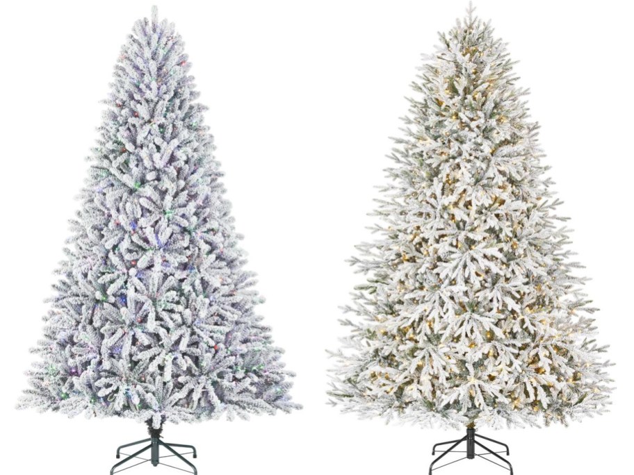 two pre-lit flocked christmas trees