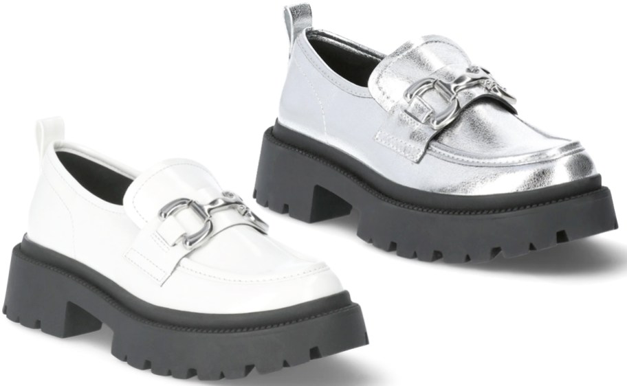 white and silver platform lug loafers