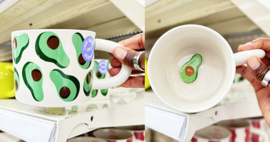 hand holding an avocado print mug with a tiny avocado inside at the bottom