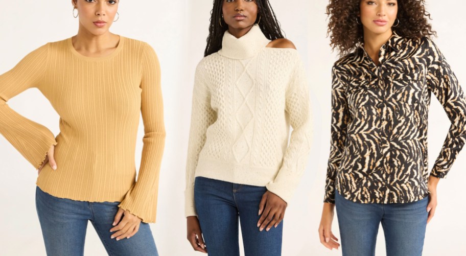 Sofia Jeans Women's Ribbed Sweater with Long Bell Sleeves, Cozy Shine Sweater with Long Sleeves, and Pocket Blouse with Long Sleeves