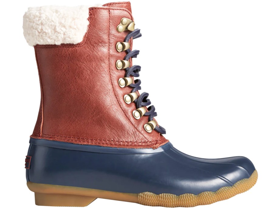 tall brown and blue duck boot