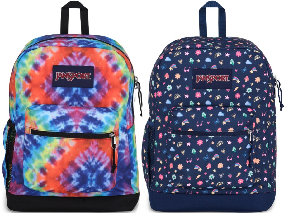 tie dye and blue print jansport backpacks 