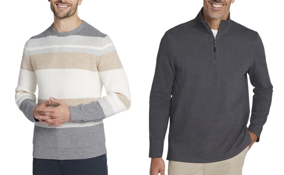 two men wearing striped sweater and gray zip up