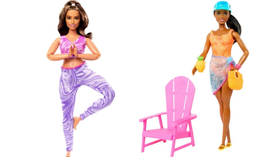 stock image of barbie doing a yoga pose and a hawaii set