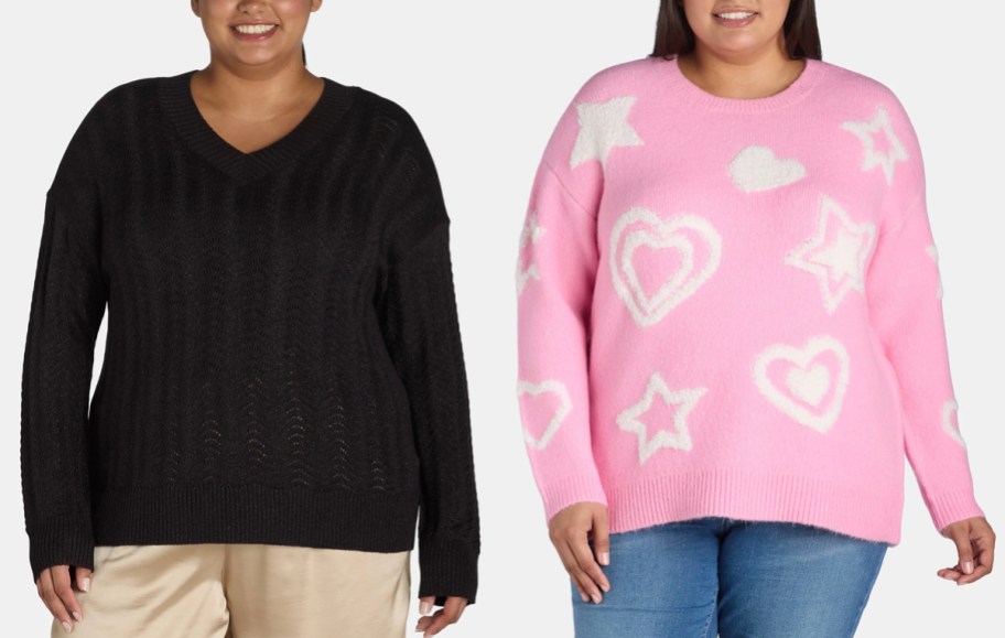 two women wearing black and pink sweaters 