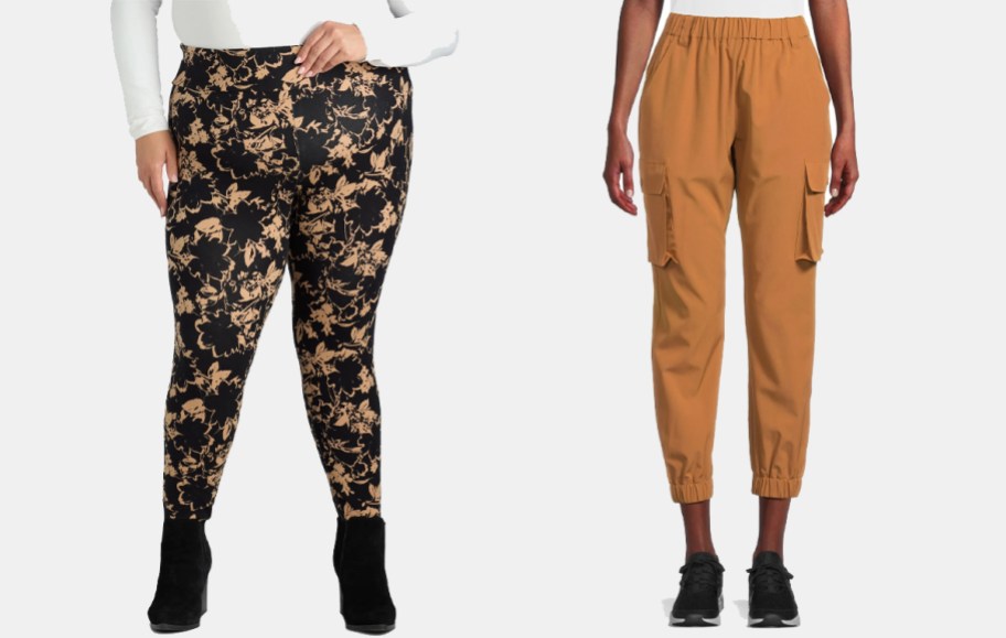 two women wearing floral gold and black leggings and burnt orange pants