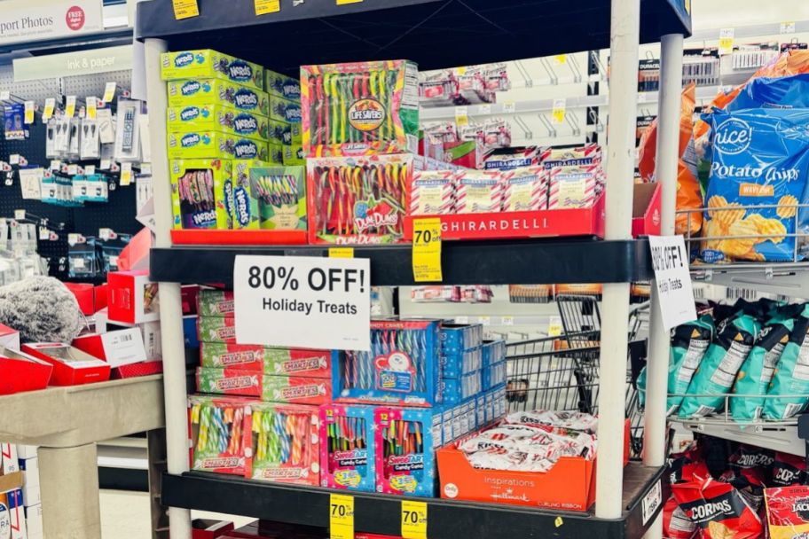 cart with holiday clearance items in a walgreens store