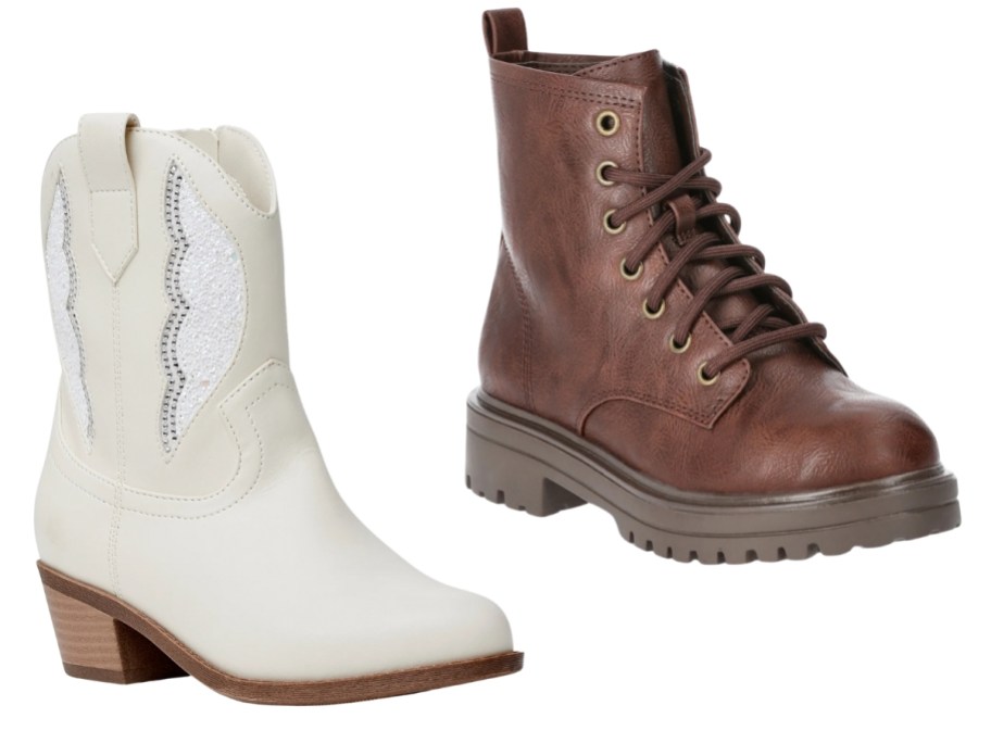 a girl's white short cowboy style boot and brown lace up combat style boot