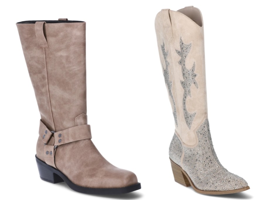 a women's light tan moto style high boot and a women's white with silver tall cowboy style boot