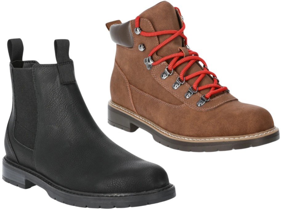 a men's black Chelsea style boot and a men's brown lace up with red laces boot