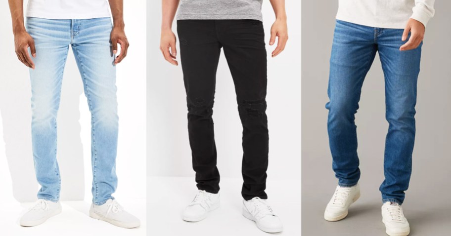 three men modeling jeans in various styles and washes