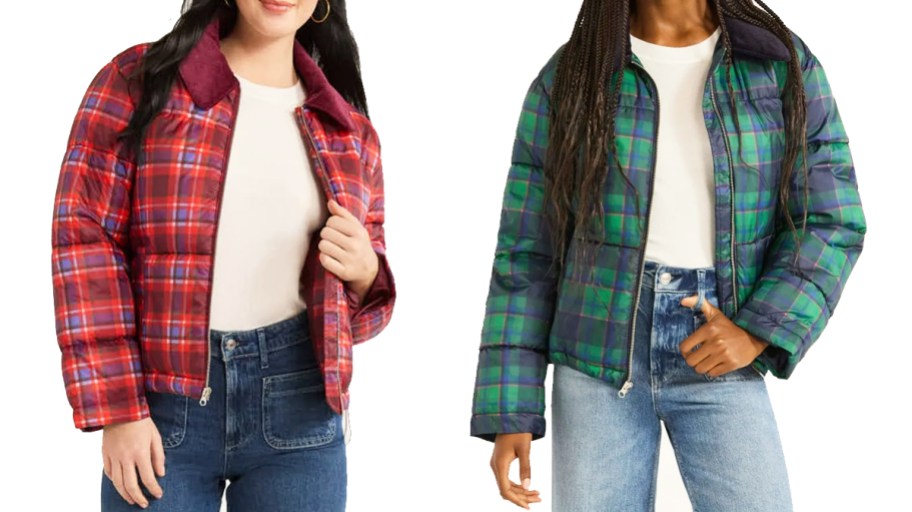 two women in red and green plaid puffer jackets