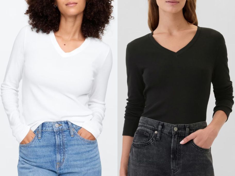 Stock images of two women wearing GAP Women's Favorite V-Neck T-Shirts