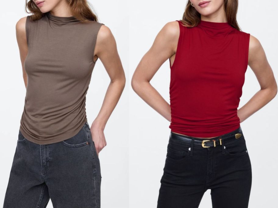 Stock images of two women wearing GAP Women's Luxe Sleeveless Mockneck T-Shirts