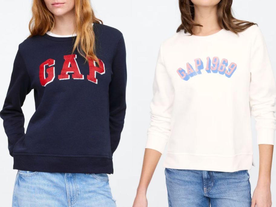 Stock images of two women wearing GAP Women's Relaxed Gap Logo Sweatshirts