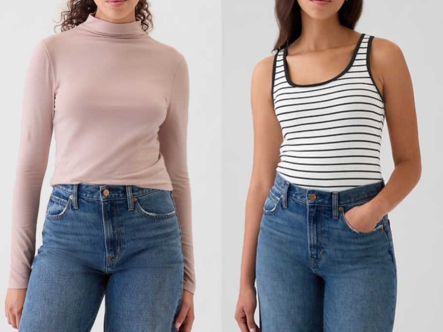 women wearing gap featherweight turtle and cropped tank top