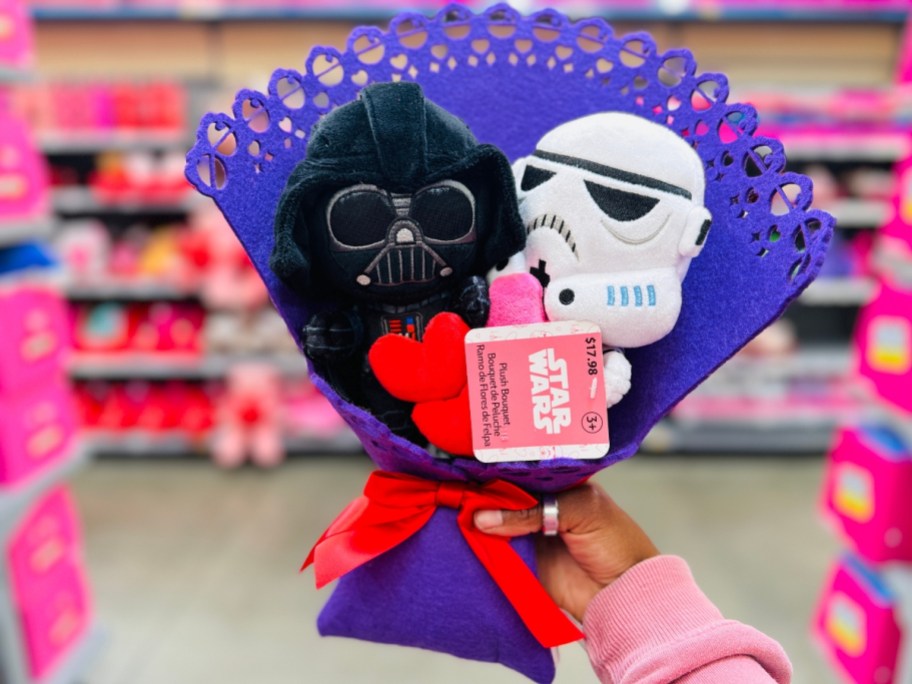 hand holding a Star Wars Darth Vader & Stormtrooper Plush Valentine's Bouquet