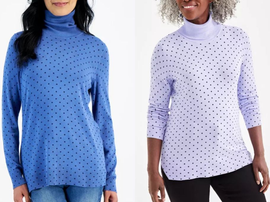 Stock images of two women wearing Style & Co Women's Printed Turtleneck Sweaters