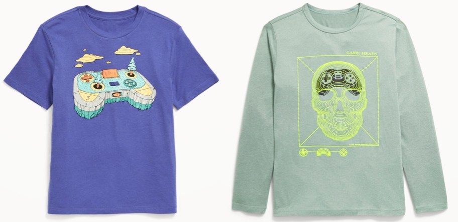 blue short sleeve and green long sleeve graphic tees