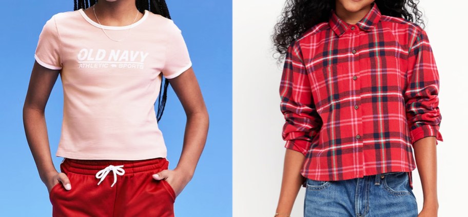 girl in a pink graphic tee and girl in a red flannel