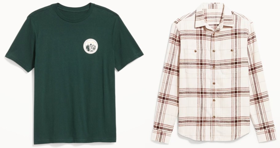 green graphic tee and white plaid flannel