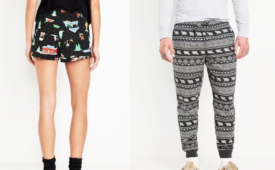 woman in christmas pj shorts and man in pajama joggers