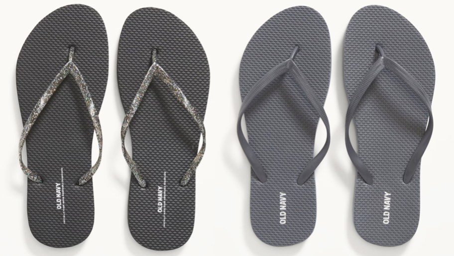 black and grey pairs of flip flops