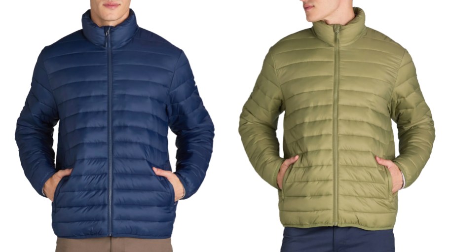 two men in navy blue and green puffer jackets