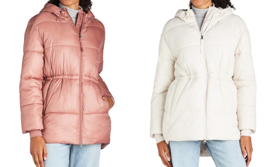 two women in pink and white puffer jackets