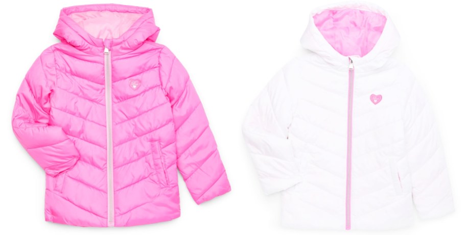 pink and white puffer coats