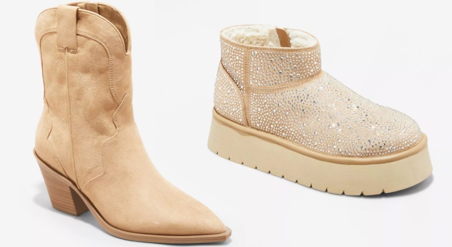 tan western boots and rhinestone bootie