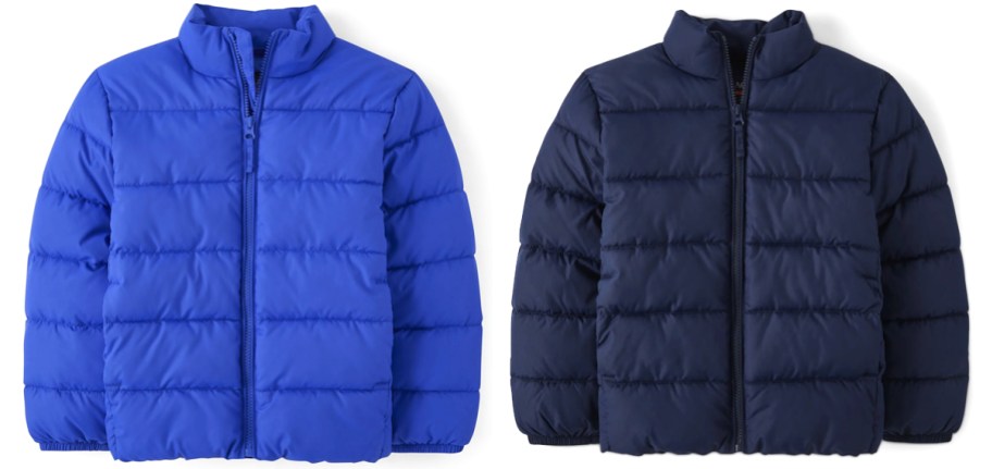 blue and navy blue puffer jackets