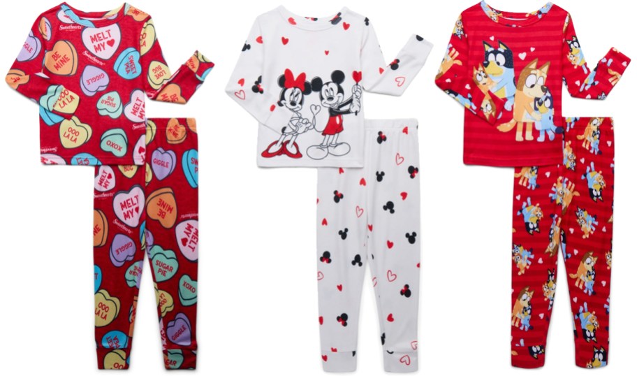 three pairs of kids valentine's day pajamas