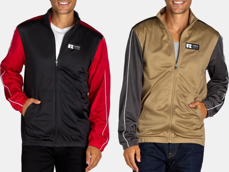 Stock image of two men wearing Russell Athletic Men's Polyester Tricot Jackets