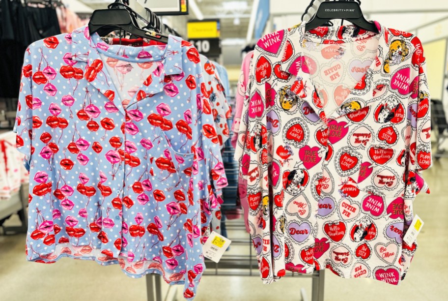 valentines day print pajama sets on store rack