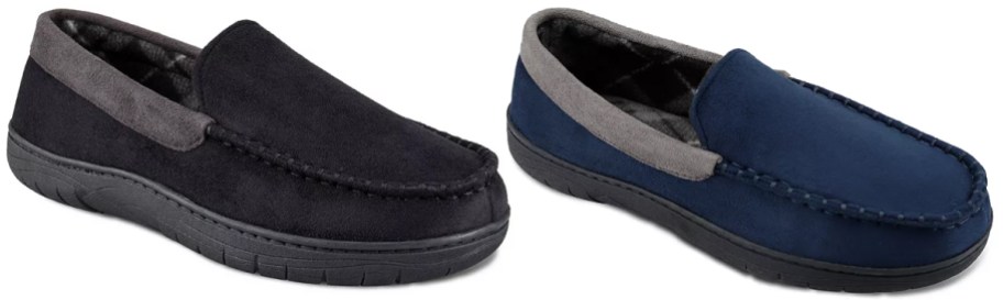 black and blue moccasin slippers